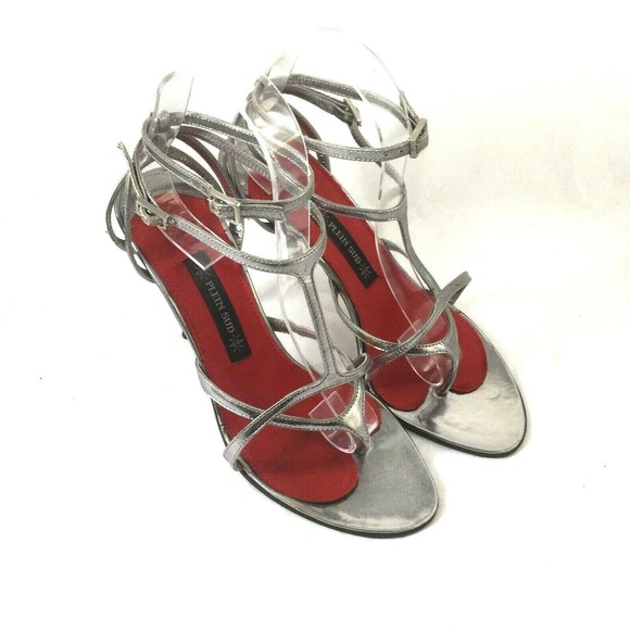 Plein Sud Strappy Sandal Silver Metallic Leather Thong Toe Slim Heel - Picture 3 of 8